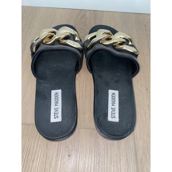 Steve Madden Delay Slide Sandal Gold Chain Black size 6 - Picture 3 of 5